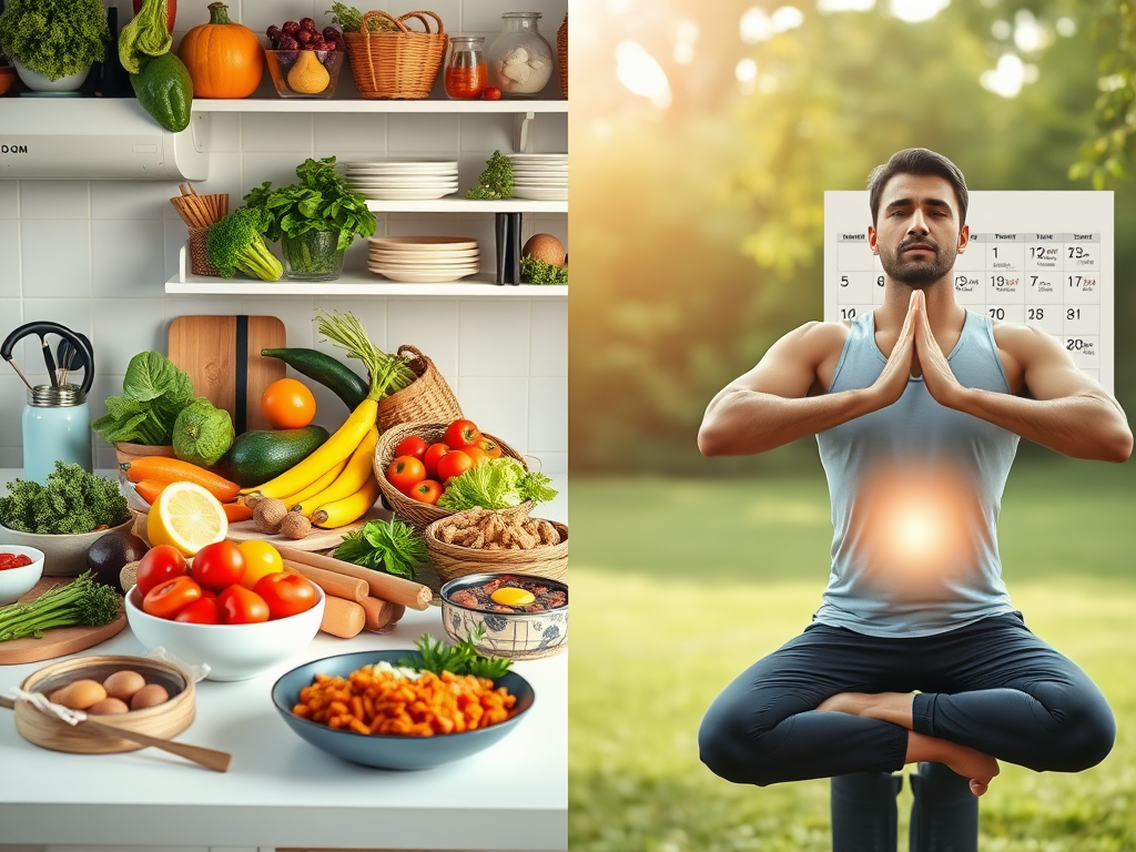 "fresh colorful ingredients" "variety of protein-rich meals" "simple kitchen setup" "meal plan calendar with healthy dishes" "man exercising outdoors" "calm meditative breathing pose" "subtle glowing energy flows around body"