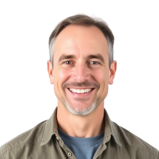 A person smiling to the camera with a white background looking like