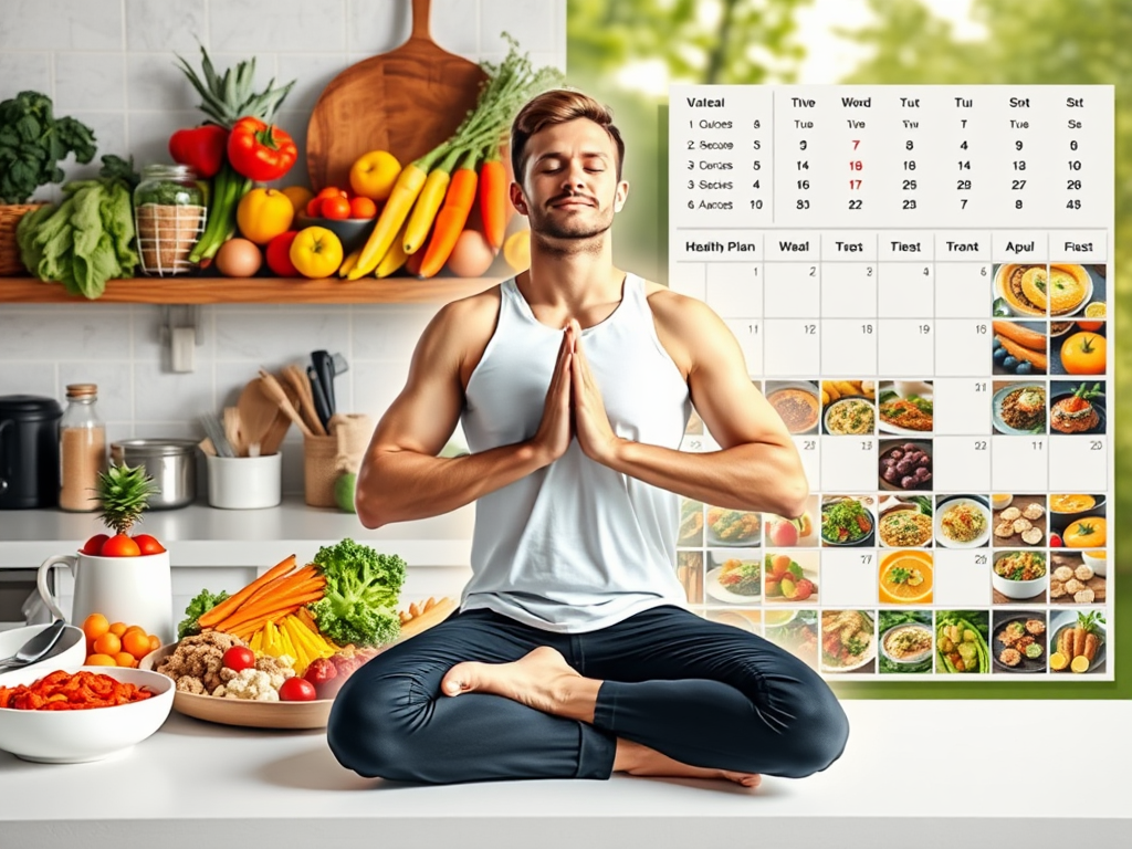 "fresh colorful ingredients" "variety of protein-rich meals" "simple kitchen setup" "meal plan calendar with healthy dishes" "man exercising outdoors" "calm meditative breathing pose" "subtle glowing energy flows around body"