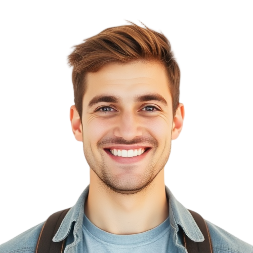 A smiling man with short hair and casual clothes, white background, warm lighting, friendly and confident expression.
