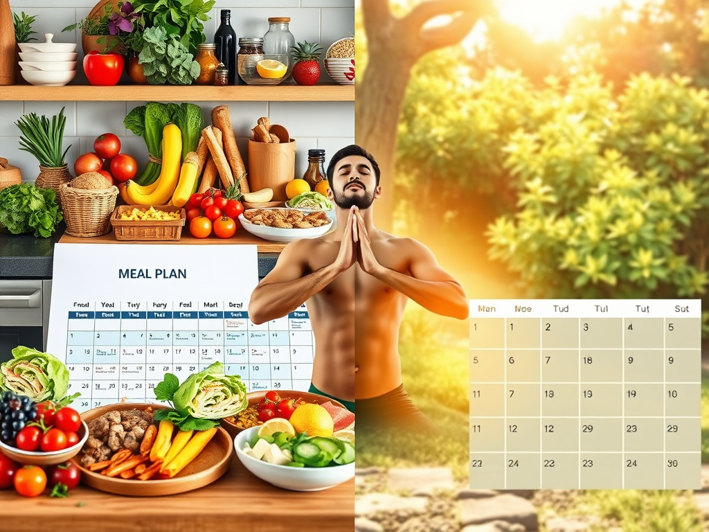 "fresh colorful ingredients" "variety of protein-rich meals" "simple kitchen setup" "meal plan calendar with healthy dishes" "man exercising outdoors" "calm meditative breathing pose" "subtle glowing energy flows around body"