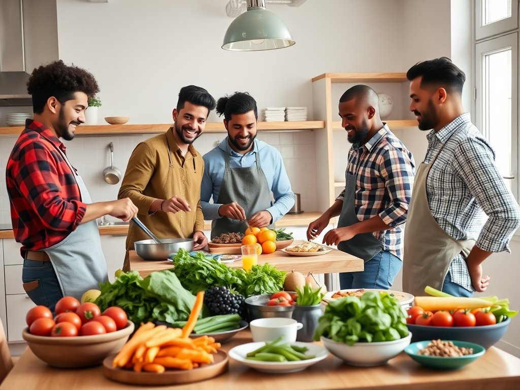 "a happy diverse group of men cooking together in a bright kitchen" "fresh colorful vegetables and healthy meals on the table" "a cozy, modern home environment"