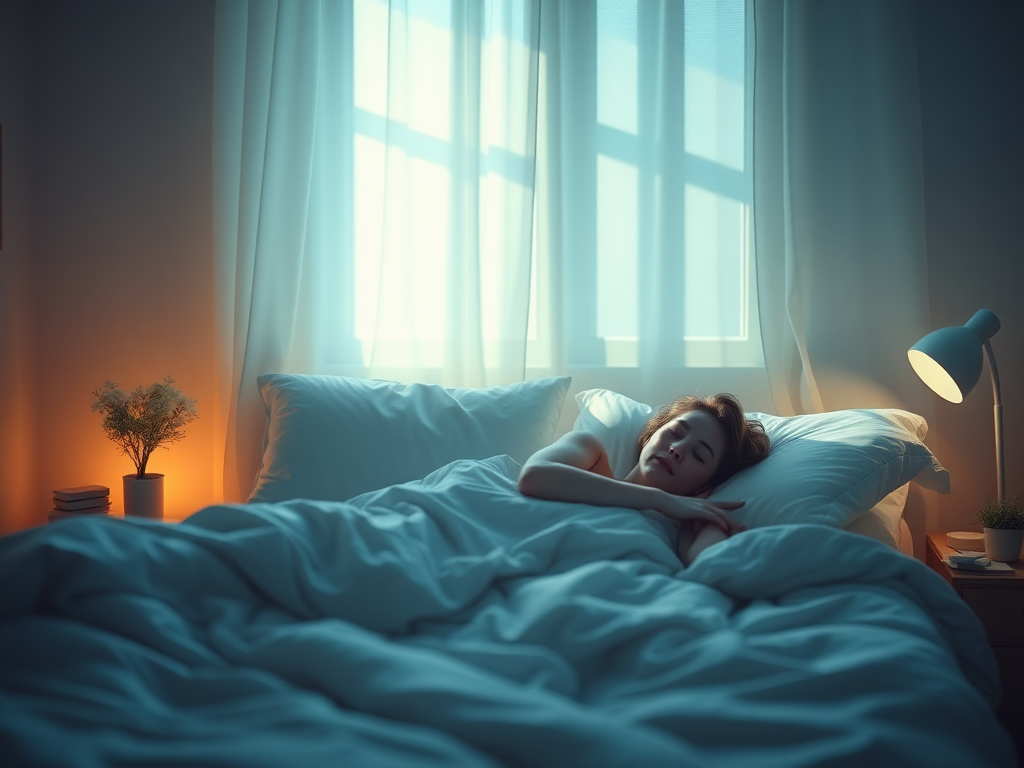 Een serene slaapkamer met een vredig slapende persoon.