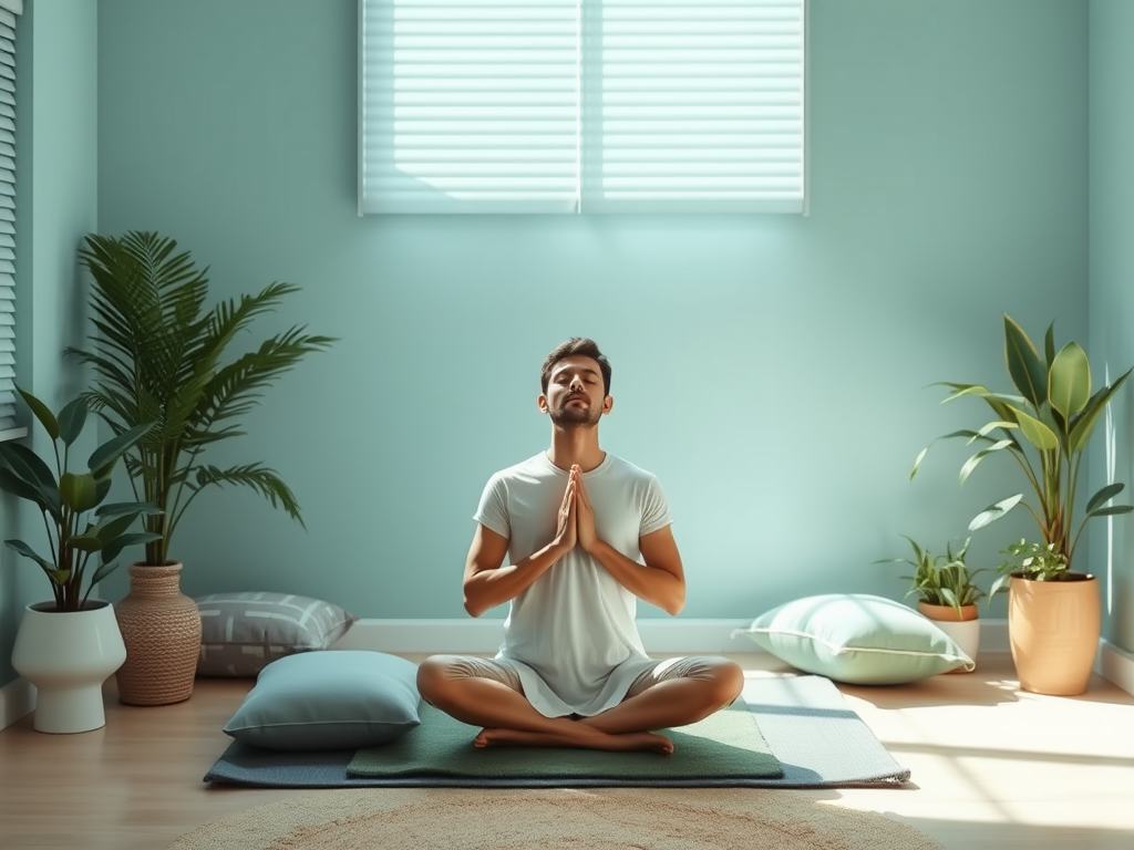 A serene therapy room "soft lighting" "calm blue and green tones" "a person practicing deep breathing" "relaxed posture" "stress relief elements like plants and cushions" "subtle sunlight filtering through blinds"