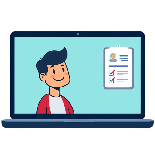 "Laptop screen" "Webinar session" "Person listening" "Calm face" "Breathing exercise" "Relaxed posture" "Checklist clipboard" "Stress icons" "Bright colors"