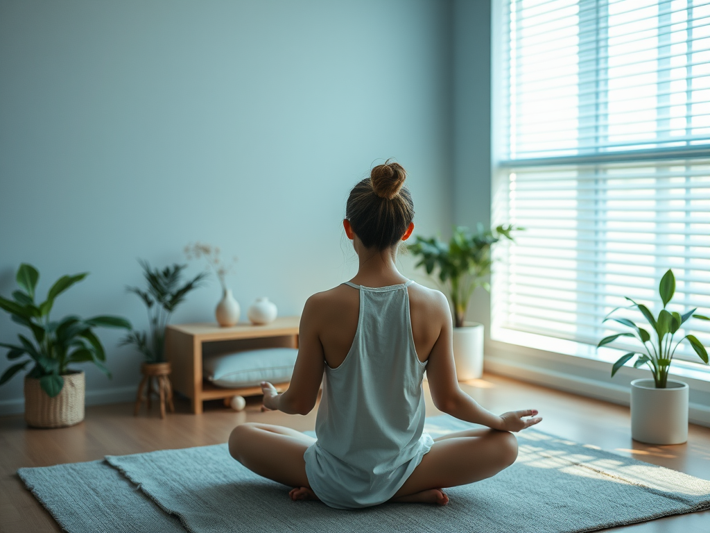 A serene therapy room "soft lighting" "calm blue and green tones" "a person practicing deep breathing" "relaxed posture" "stress relief elements like plants and cushions" "subtle sunlight filtering through blinds"