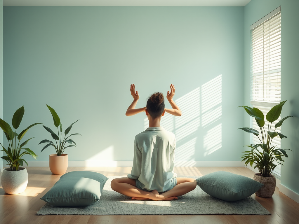 A serene therapy room "soft lighting" "calm blue and green tones" "a person practicing deep breathing" "relaxed posture" "stress relief elements like plants and cushions" "subtle sunlight filtering through blinds"