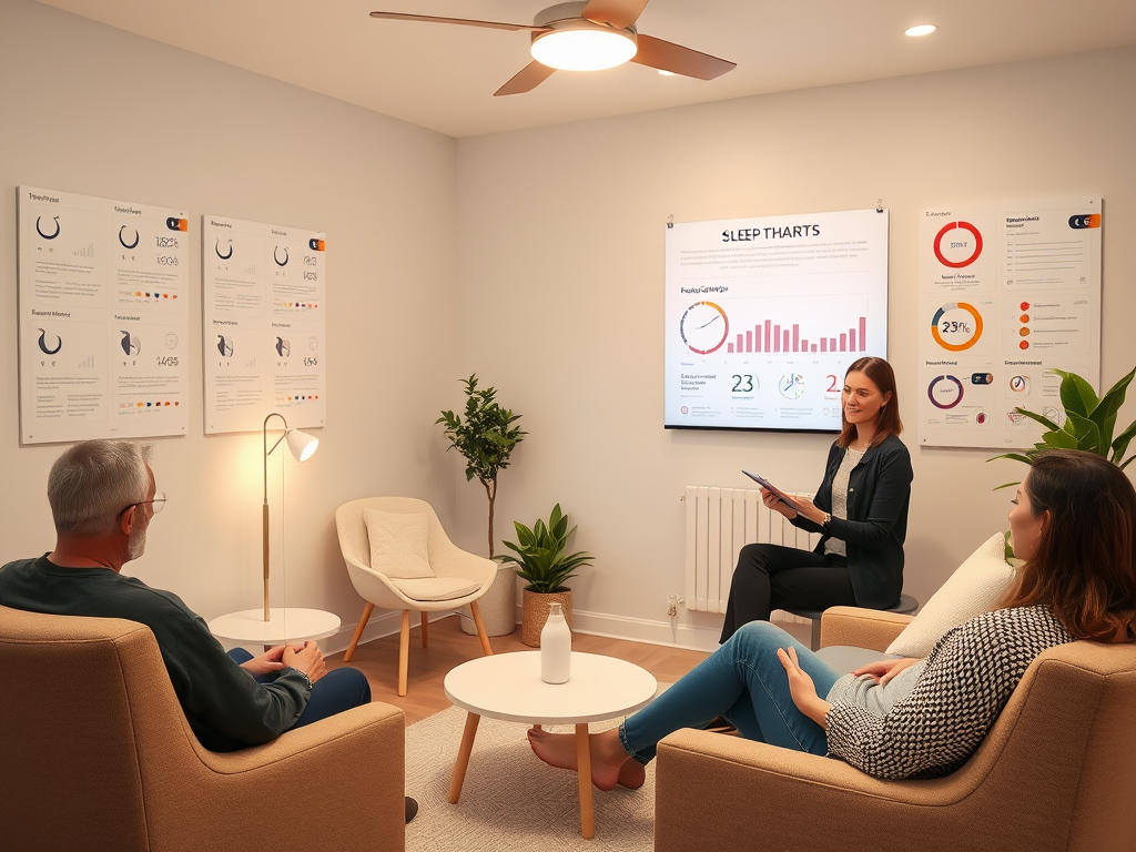 "calm therapy room" "soft lighting" "sleep charts on wall" "friendly therapist with clipboard" "relaxed clients sitting comfortably" "infographics displayed digitally" "peaceful atmosphere for healing"