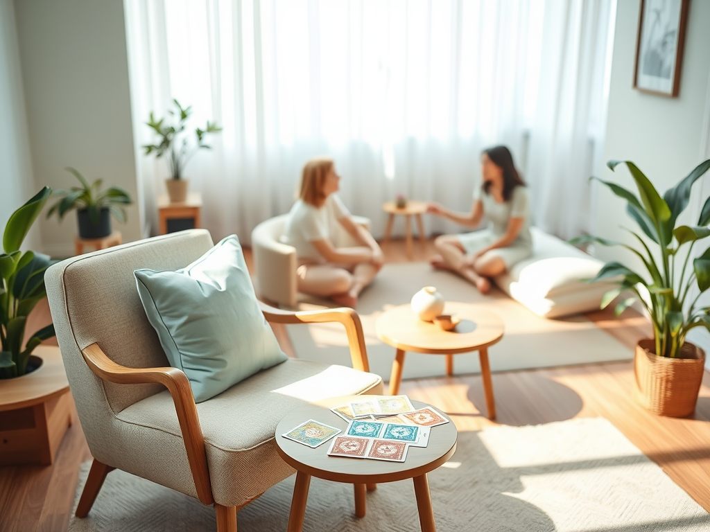 "A calming therapy room" "soft lighting" "a cozy armchair with a set of colorful cards on a small table" "peaceful, relaxed people in the background" "gentle, soothing colors like blues and greens"