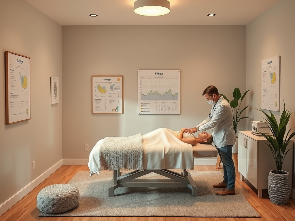 A calm therapy room with "soft lighting," a "cozy massage table," "sleep-related charts" subtly on the walls, and a "therapist gently examining a relaxed client."