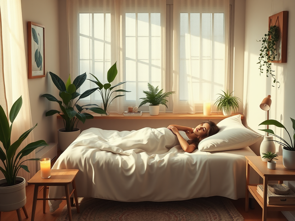 "A calm therapist's cozy office" "soft lighting" "a person peacefully sleeping on a comfortable bed" "relaxation symbols like gentle waves and leaves" "stress relief elements such as soothing candles and plants" "warm, inviting colors"