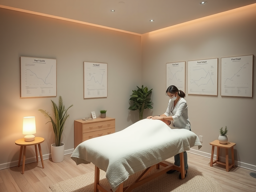 A calm therapy room with "soft lighting," a "cozy massage table," "sleep-related charts" subtly on the walls, and a "therapist gently examining a relaxed client."