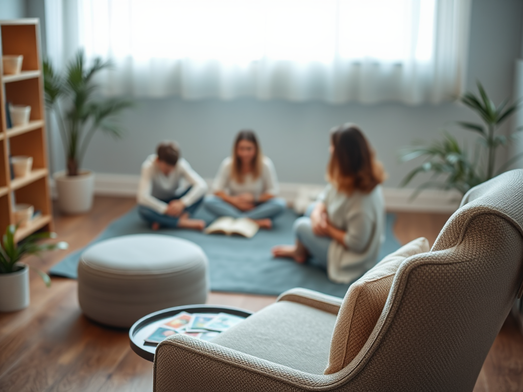 "A calming therapy room" "soft lighting" "a cozy armchair with a set of colorful cards on a small table" "peaceful, relaxed people in the background" "gentle, soothing colors like blues and greens"