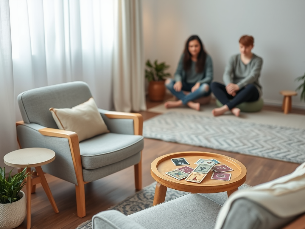"A calming therapy room" "soft lighting" "a cozy armchair with a set of colorful cards on a small table" "peaceful, relaxed people in the background" "gentle, soothing colors like blues and greens"