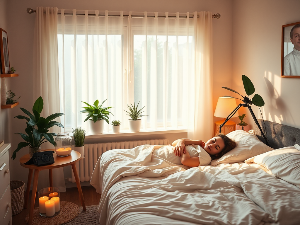 "A calm therapist's cozy office" "soft lighting" "a person peacefully sleeping on a comfortable bed" "relaxation symbols like gentle waves and leaves" "stress relief elements such as soothing candles and plants" "warm, inviting colors"