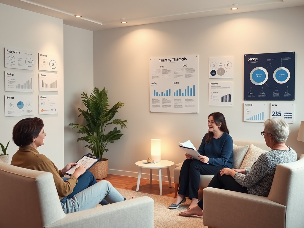 "calm therapy room" "soft lighting" "sleep charts on wall" "friendly therapist with clipboard" "relaxed clients sitting comfortably" "infographics displayed digitally" "peaceful atmosphere for healing"
