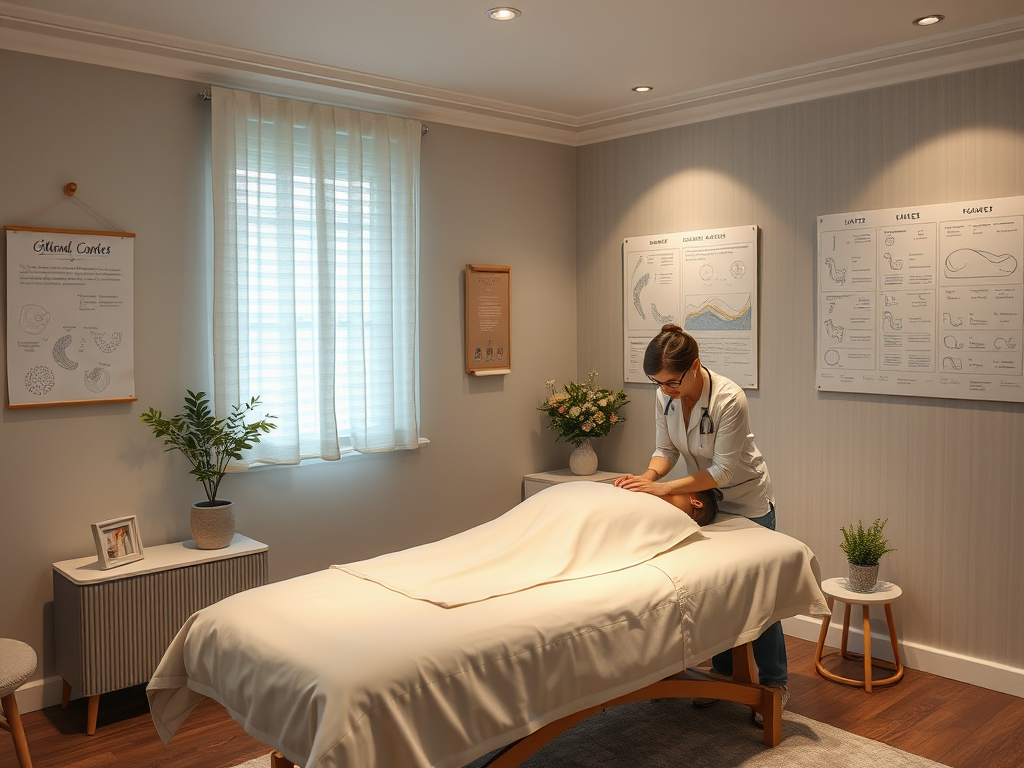 A calm therapy room with "soft lighting," a "cozy massage table," "sleep-related charts" subtly on the walls, and a "therapist gently examining a relaxed client."