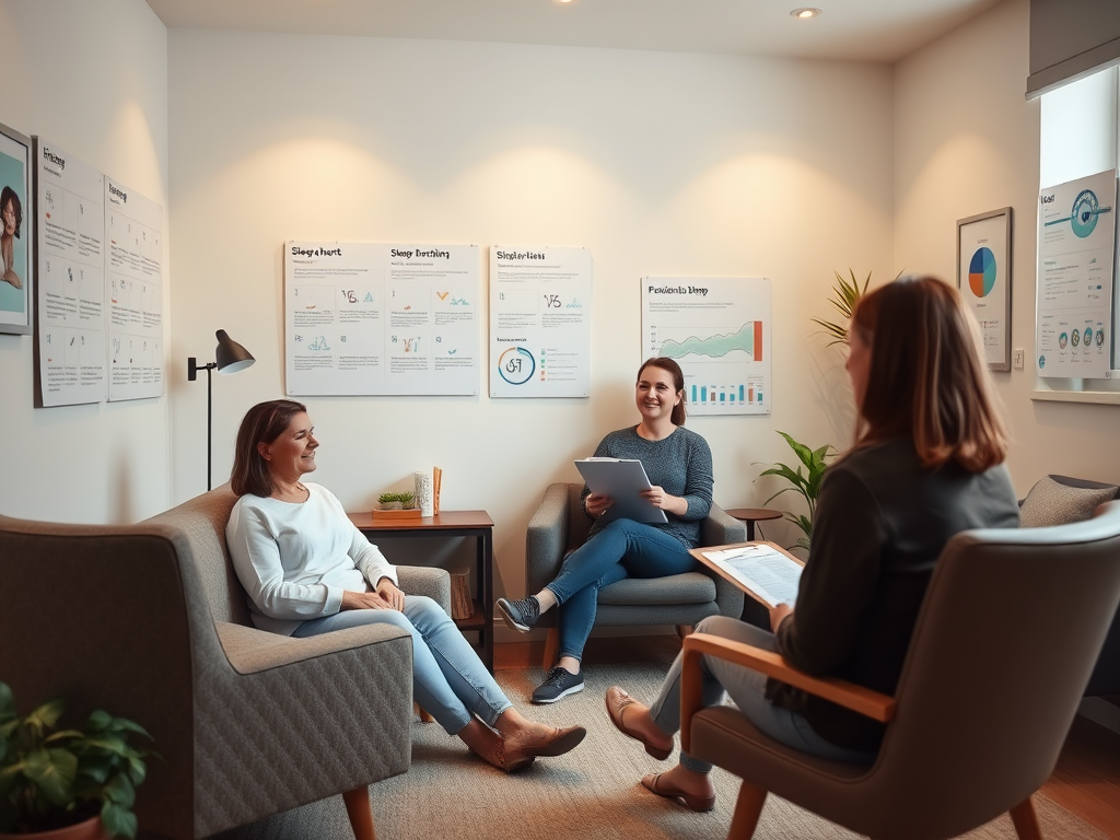 "calm therapy room" "soft lighting" "sleep charts on wall" "friendly therapist with clipboard" "relaxed clients sitting comfortably" "infographics displayed digitally" "peaceful atmosphere for healing"