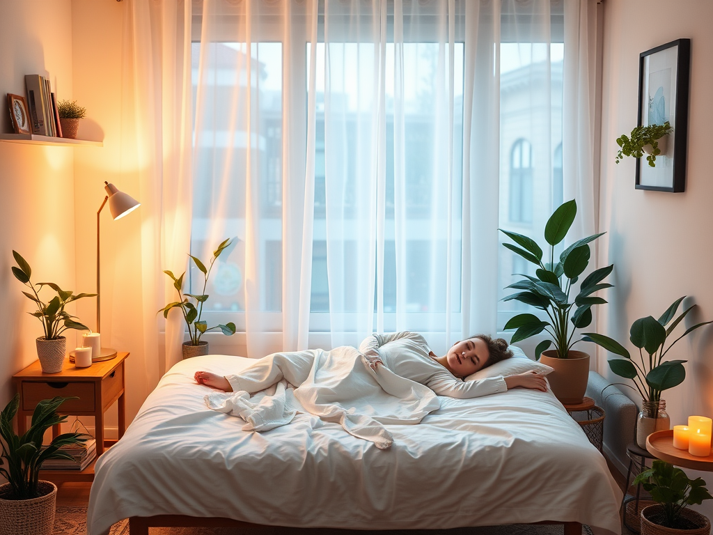 "A calm therapist's cozy office" "soft lighting" "a person peacefully sleeping on a comfortable bed" "relaxation symbols like gentle waves and leaves" "stress relief elements such as soothing candles and plants" "warm, inviting colors"