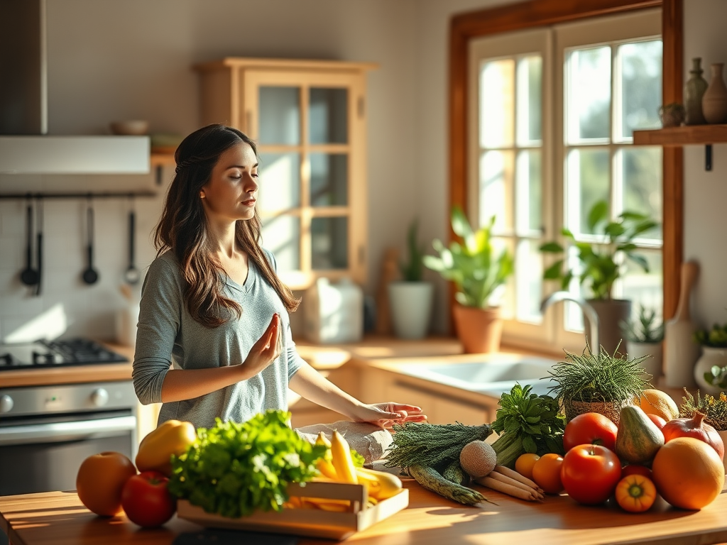 "a serene woman meditating in a sunny kitchen" "fresh colorful fruits and vegetables on the counter" "soft morning light filtering through a window" "calm, warm atmosphere with natural wood and plants"