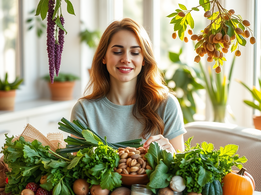 A serene woman surrounded by natural foods like leafy greens, nuts, and fruits, peaceful home setting with soft sunlight, gentle mood-enhancing colors.