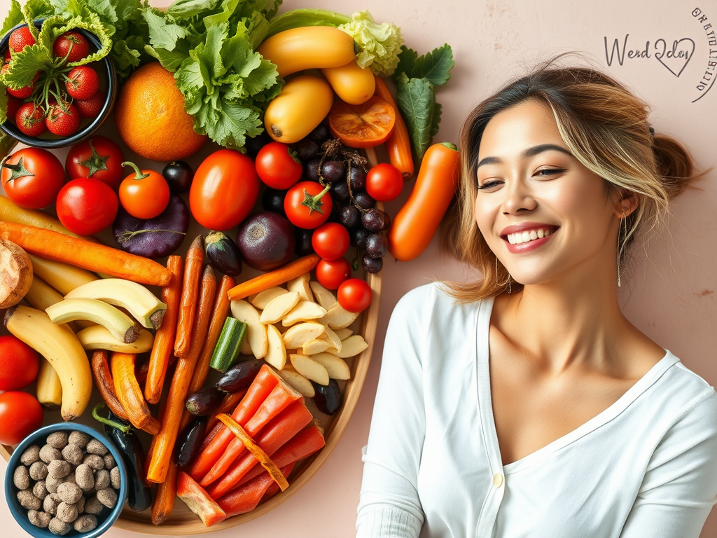 "a vibrant, healthy meal spread" "colorful fruits and vegetables" "calm, balanced woman smiling peacefully" "soft natural lighting" "gentle pastel background"