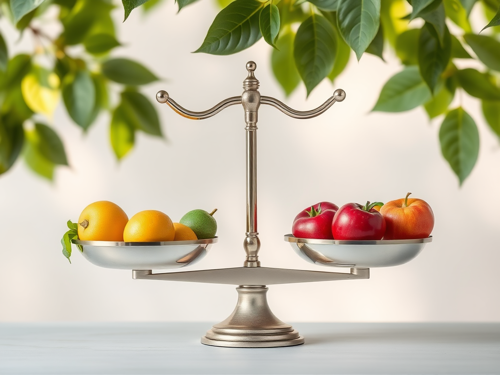 "A balanced scale with fruits on one side and vegetables on the other" "soft pastel colors" "calm natural background" "gentle sunlight filtering through leaves"