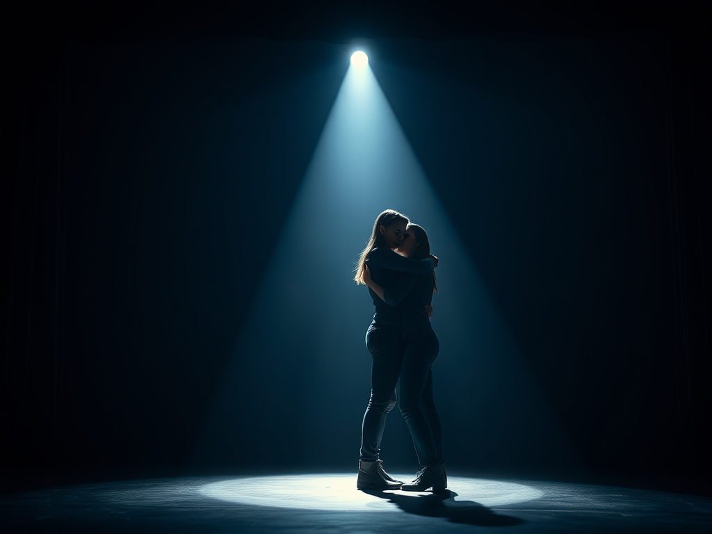 A raw, intimate theater stage with dim lighting, a single spotlight on two close figures embracing, emotions visible in their eyes and posture.