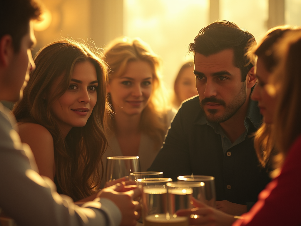 "intimate gathering" "people in warm light" "expressive faces showing vulnerability and reflection" "soft shadows" "cozy, inviting atmosphere"