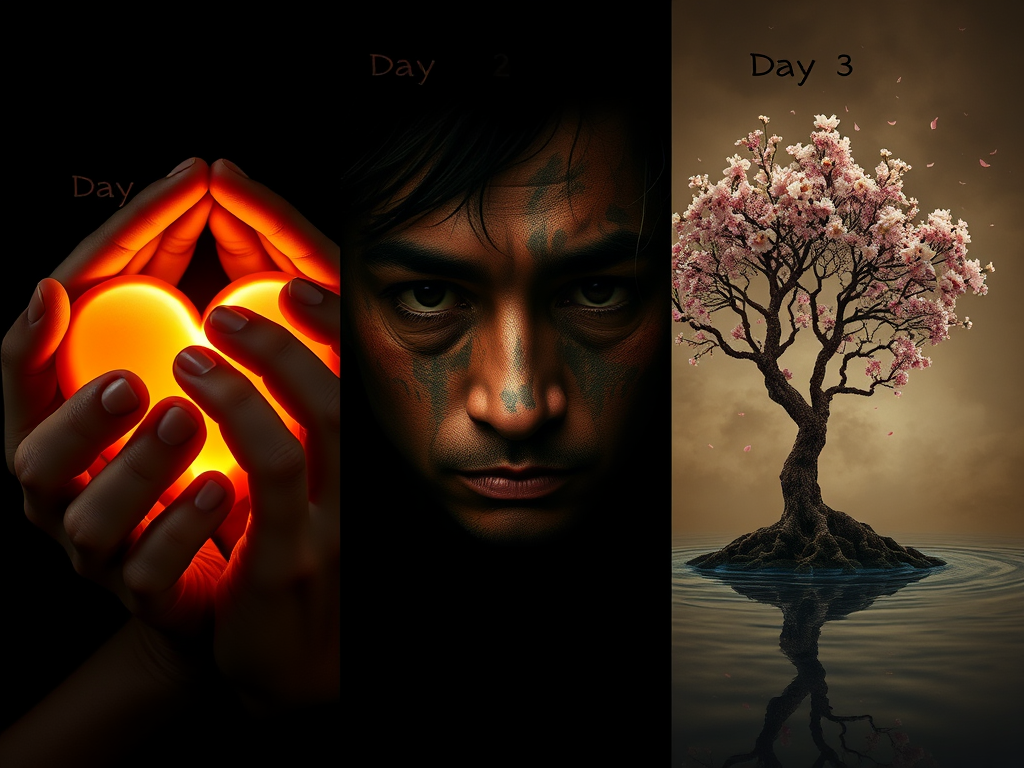 "three distinct scenes side by side" "Day 1
