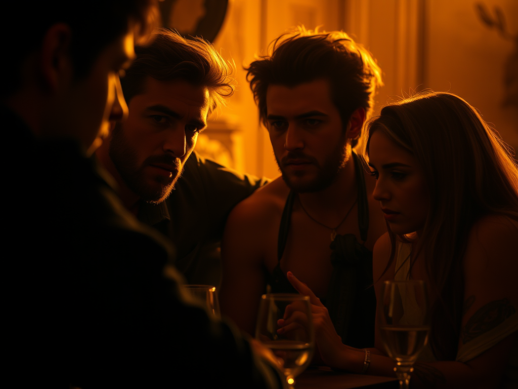 "intimate gathering" "people in warm light" "expressive faces showing vulnerability and reflection" "soft shadows" "cozy, inviting atmosphere"
