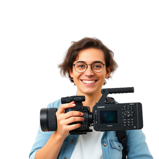 Een persoon die glimlacht met camera's in de handen.