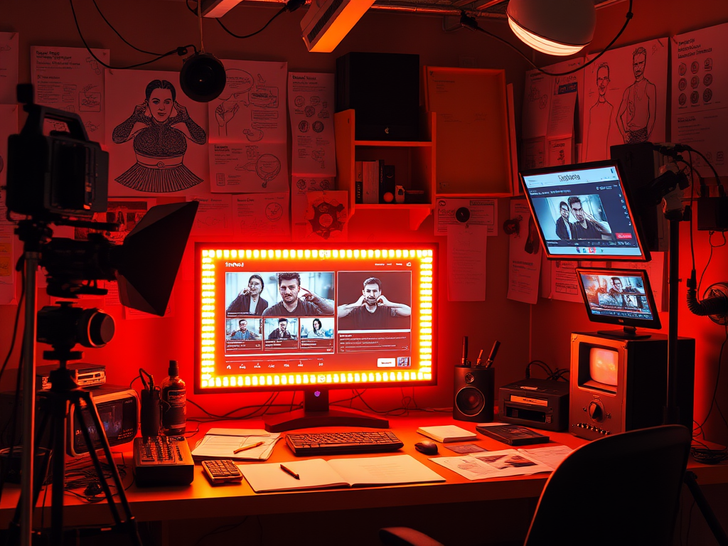 Een levendige werkruimte met videoproductietools en digitale schermen.