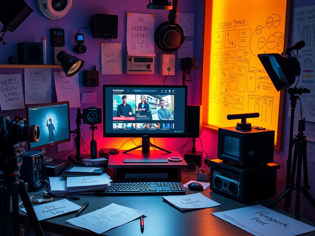 Een levendige werkruimte vol videoproductiehulpmiddelen.