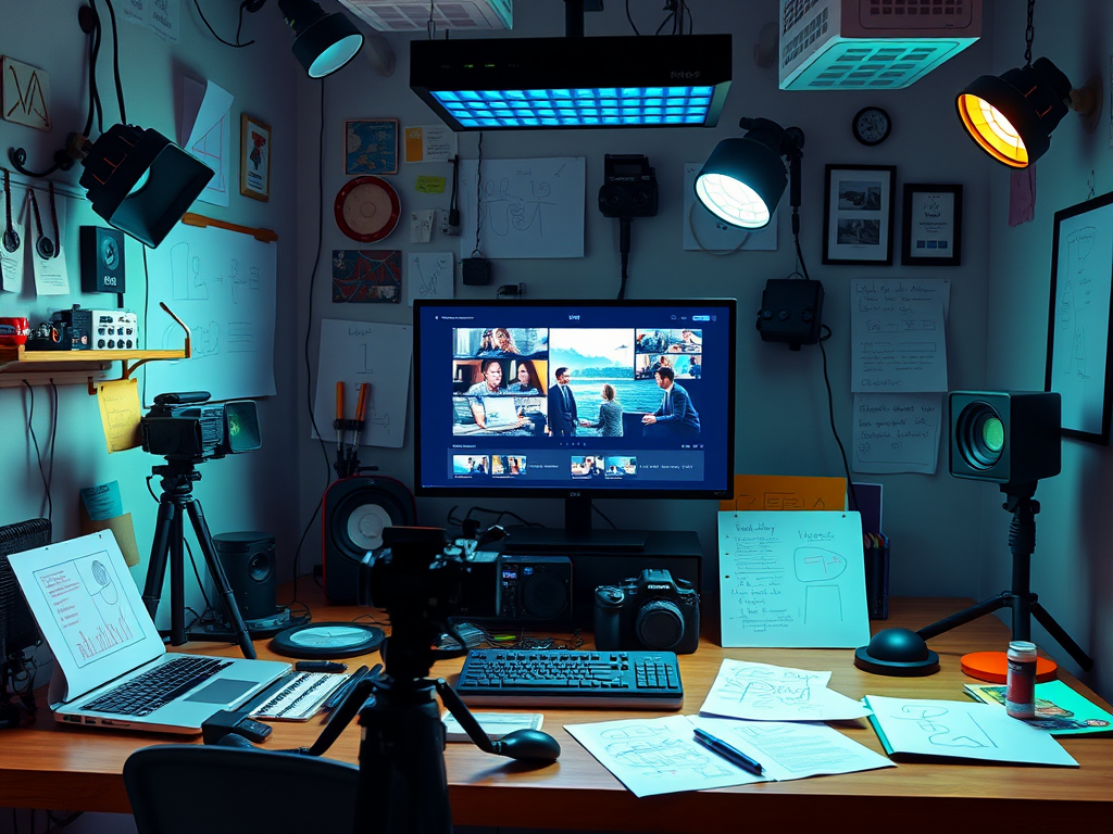 Een kleurrijke werkruimte vol videoproductietools en schetsen.