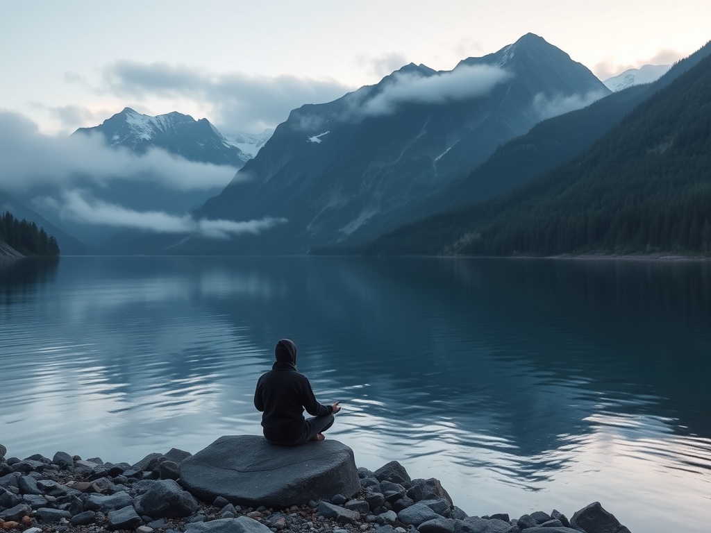 "A solitary figure meditating beside a pristine Norwegian fjord at dawn, rugged mountains, crystal water, mist, and a silent forest backdrop."