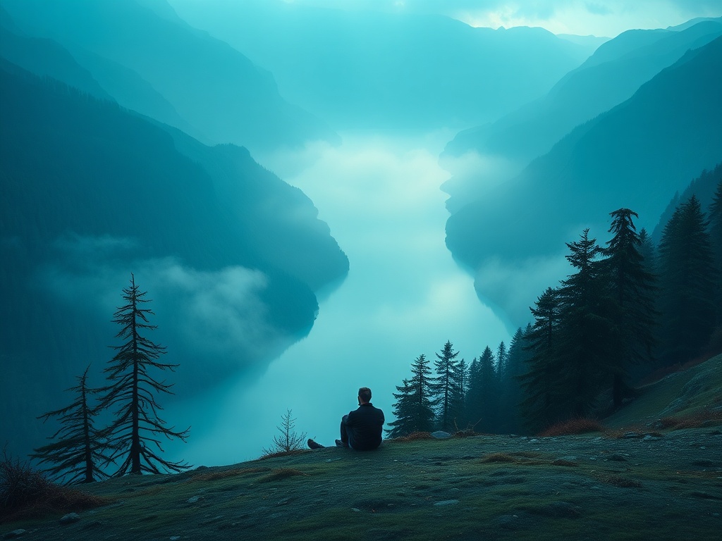 "A solitary traveler in a rugged Norwegian landscape, dawn light over fjords, wind-swept pines, solitary figure sits in thoughtful calm, mist, serene blue-green tones."