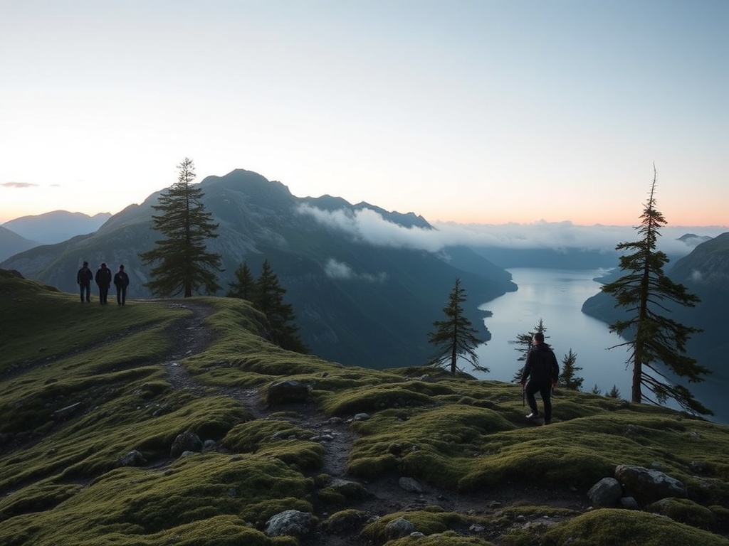 "A rugged Norwegian landscape at dawn, a small, intimate group trekking a mossy trail, a solitary figure preparing for a Vision Quest, wind-swept pines, mist over a fjord, serene, meditative atmosphere."