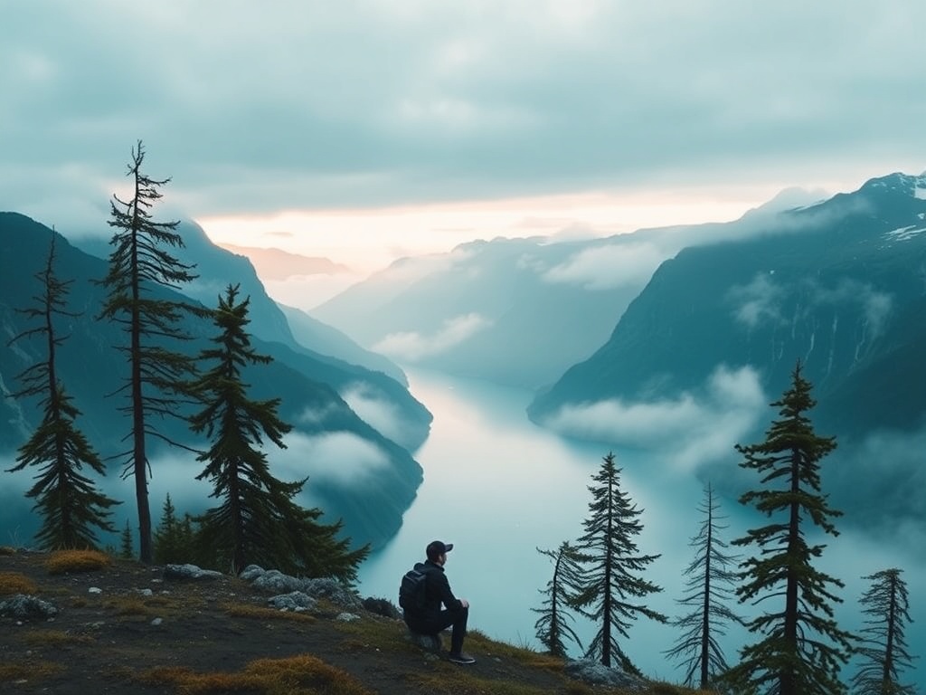 "A solitary traveler in a rugged Norwegian landscape, dawn light over fjords, wind-swept pines, solitary figure sits in thoughtful calm, mist, serene blue-green tones."