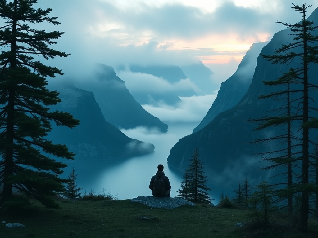 "A solitary traveler in a rugged Norwegian landscape, dawn light over fjords, wind-swept pines, solitary figure sits in thoughtful calm, mist, serene blue-green tones."