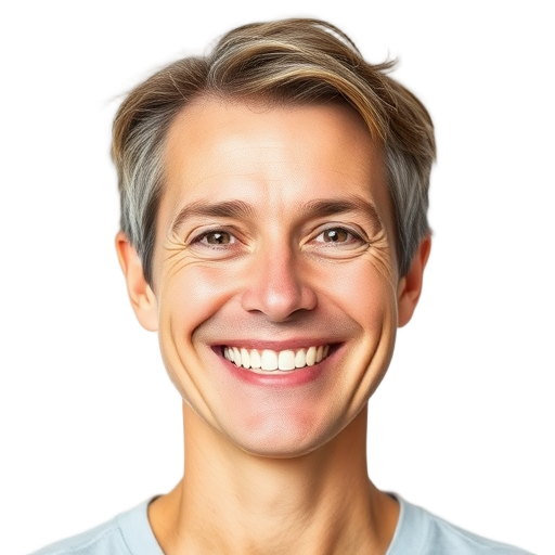 Een persoon met een brede glimlach op een witte achtergrond.