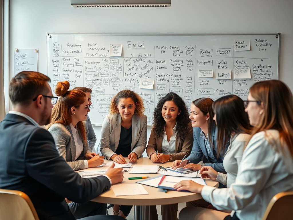 Een diverse groep professionals in een energieke bespreking.