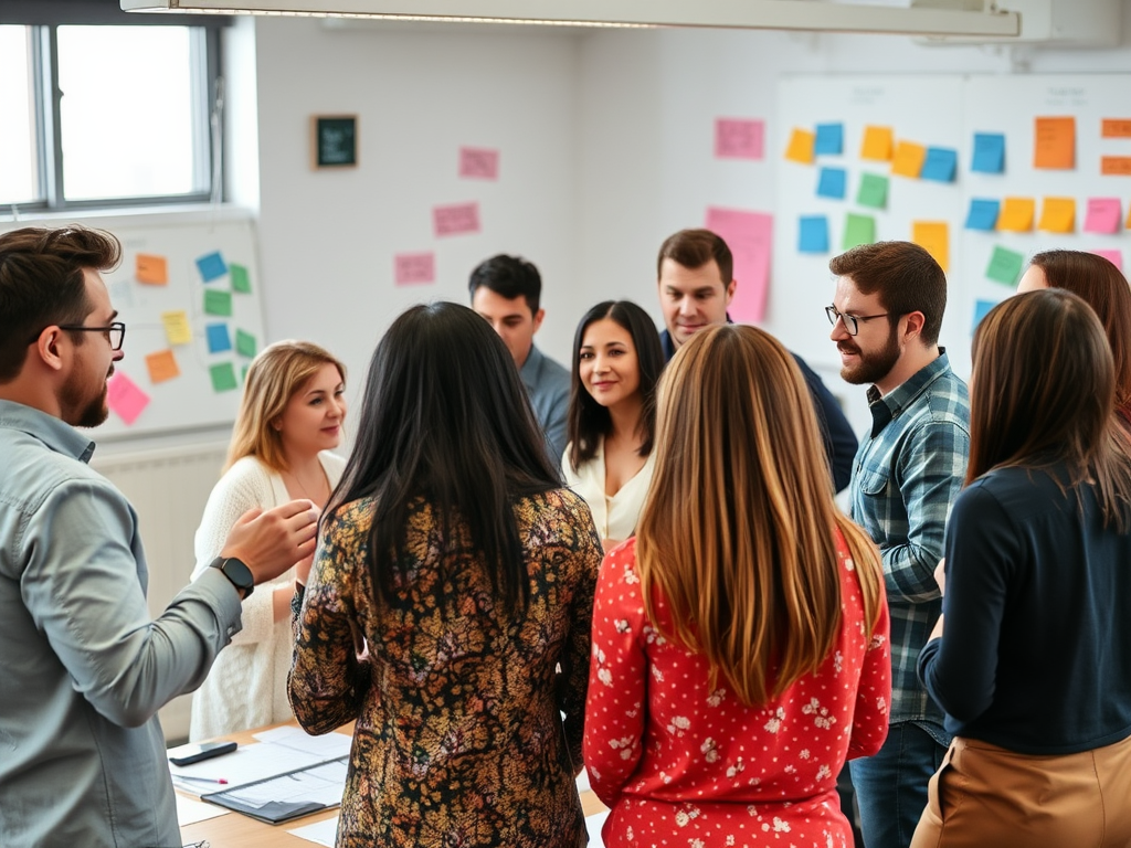 Een diverse groep mensen in een levendige workshop.