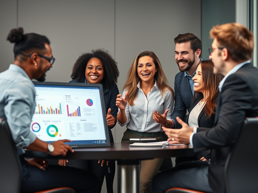 Een diverse groep professionals in een levendige vergadering.