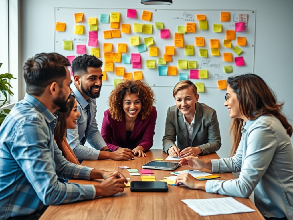 Een diverse groep professionals werkt samen aan een tafel.