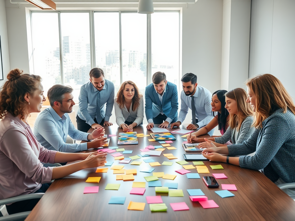 Een divers team van professionals overlegt rond een grote tafel.