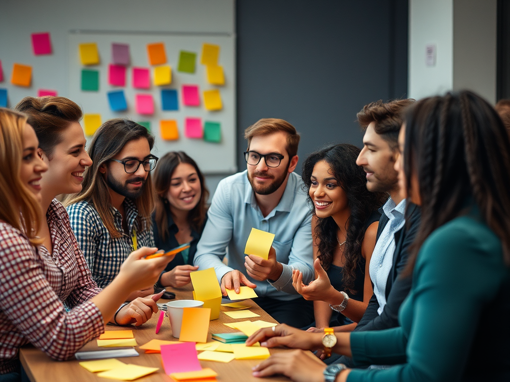 Een diverse groep mensen in een workshop met post-its.
