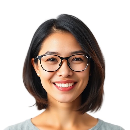 Een persoon met een glimlach voor een witte achtergrond.