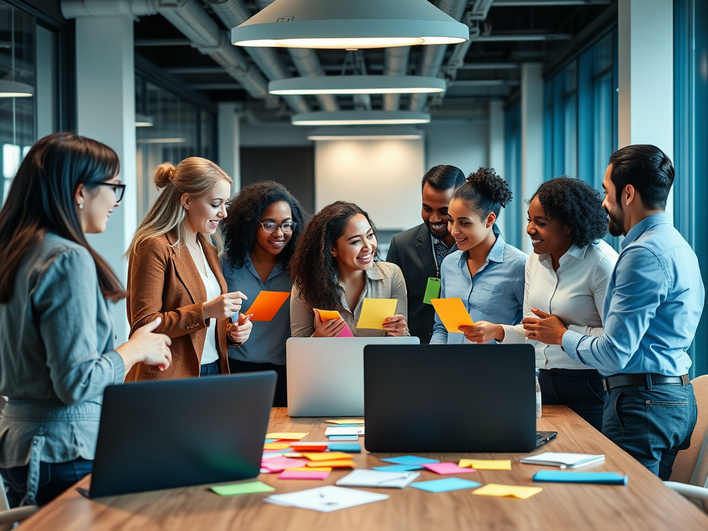 Een diverse groep professionals in een moderne kantoorruimte, druk in gesprek.