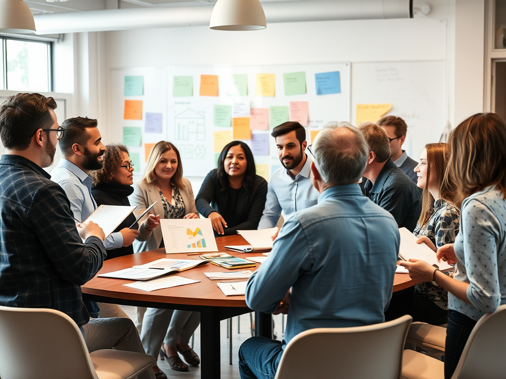 Een diverse groep mensen in een levendige workshop.